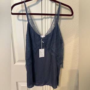 NWT ecru steel blue lace trim camisole size S.